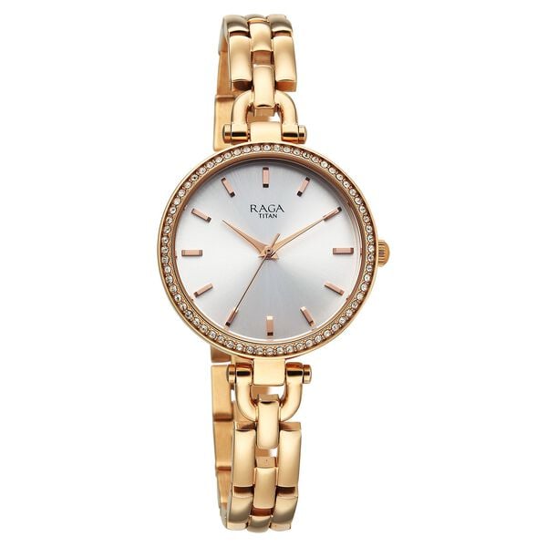 Titan 95345WM01 Quartz Analog Silver Dial Rose Gold Metal Strap Women’s Watch