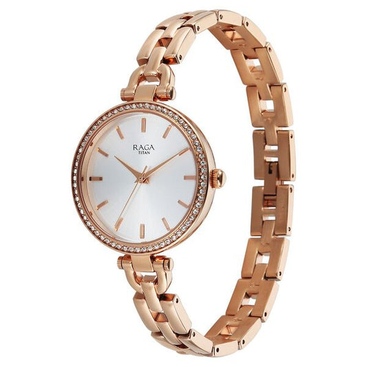 Titan Raga Showstopper 4.0 (95345WM01) Quartz Analog Silver Dial Rose Gold Metal Strap Women’s Watch