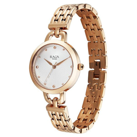 Titan 95349WM01 Raga Showstopper Quartz Analog Silver Dial Rose Gold Metal Strap Women’s Watch