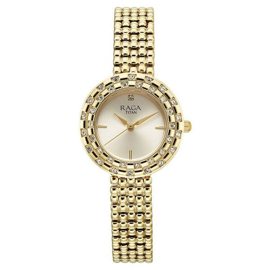 Titan 95350YM01 Quartz Analog Champagne Dial Gold Metal Strap Female Watch