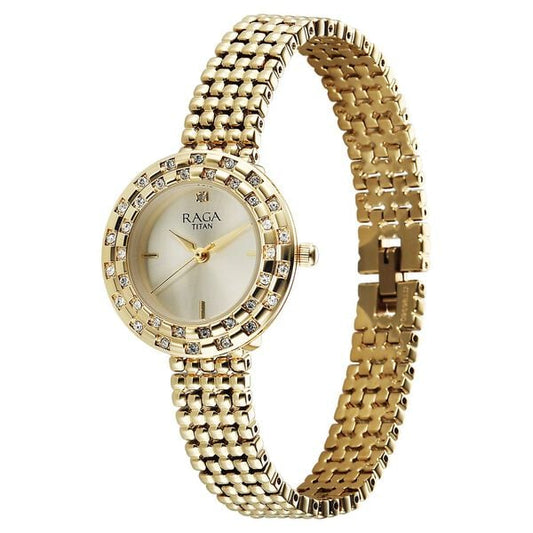 Titan 95350YM01 Quartz Analog Champagne Dial Gold Metal Strap Female Watch