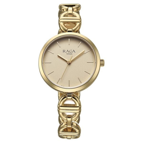 Titan 95353YM01 Women’s Champagne-Dial Analog Watch with Gold Metal Strap