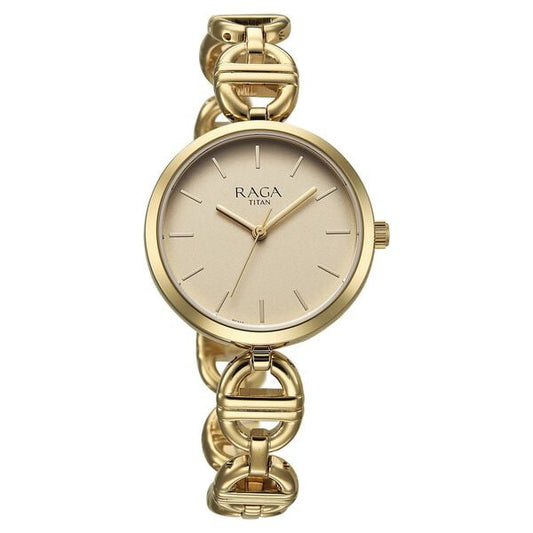 Titan 95353YM01 Women’s Champagne-Dial Analog Watch with Gold Metal Strap
