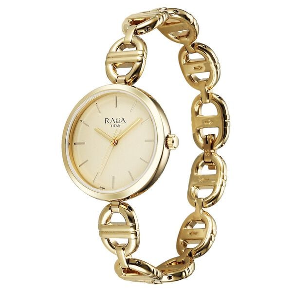Titan 95353YM01 Women’s Champagne-Dial Analog Watch with Gold Metal Strap