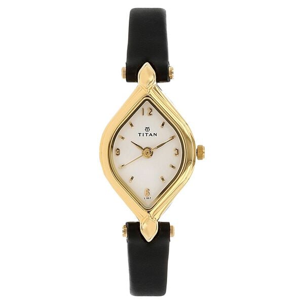 Titan 9639YL04 Quartz Analog Watch for Women – White Navette Dial, Black Leather Strap, Mineral Glass, Metal Case