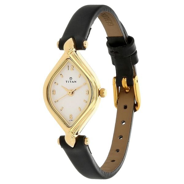 Titan 9639YL04 Quartz Analog Watch for Women – White Navette Dial, Black Leather Strap, Mineral Glass, Metal Case