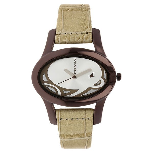 Fastrack 9732QL01 Quartz Analog Women’s Watch | Oval Silver Dial | Beige Leather Strap | Mineral Glass | 24 Months Warranty
