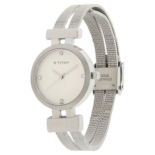 Titan 9942SM01 Quartz Analog Watch for Women – Silver Dial, Silver Stainless Steel Strap, Mineral Glass, Round Metal Case