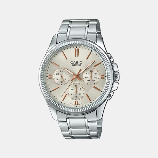 Casio A1078 Men’s Quartz Chronograph Watch with White Dial, Silver Stainless Steel Strap