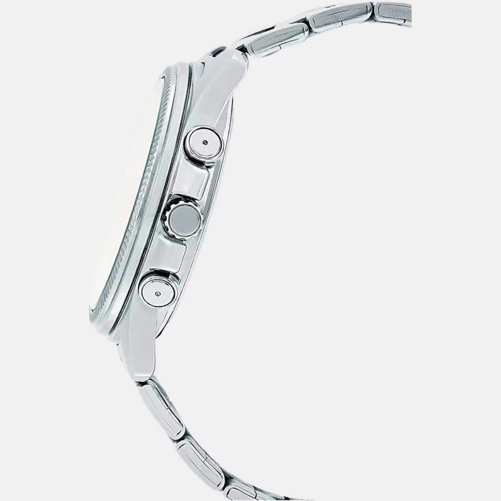 Casio A1078 Men’s Quartz Chronograph Watch with White Dial, Silver Stainless Steel Strap