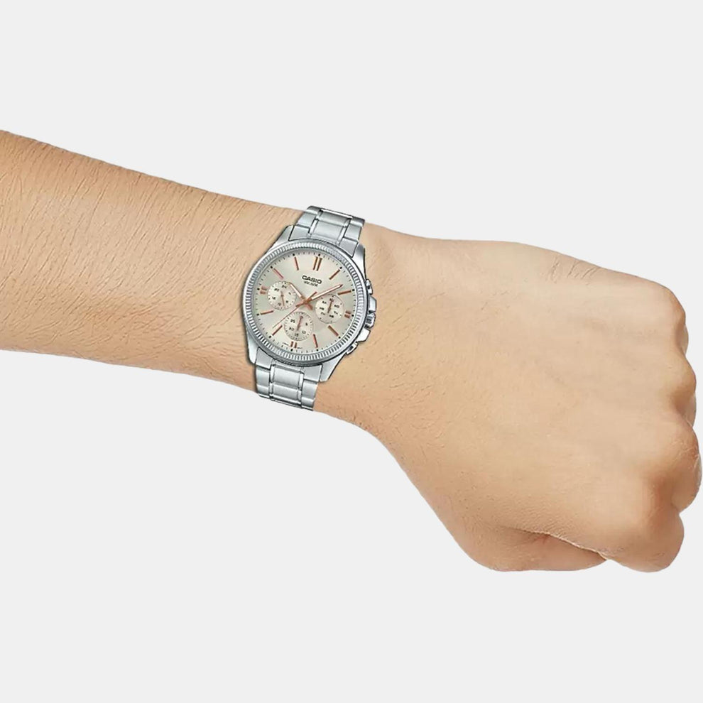 Casio A1078 Men’s Quartz Chronograph Watch with White Dial, Silver Stainless Steel Strap