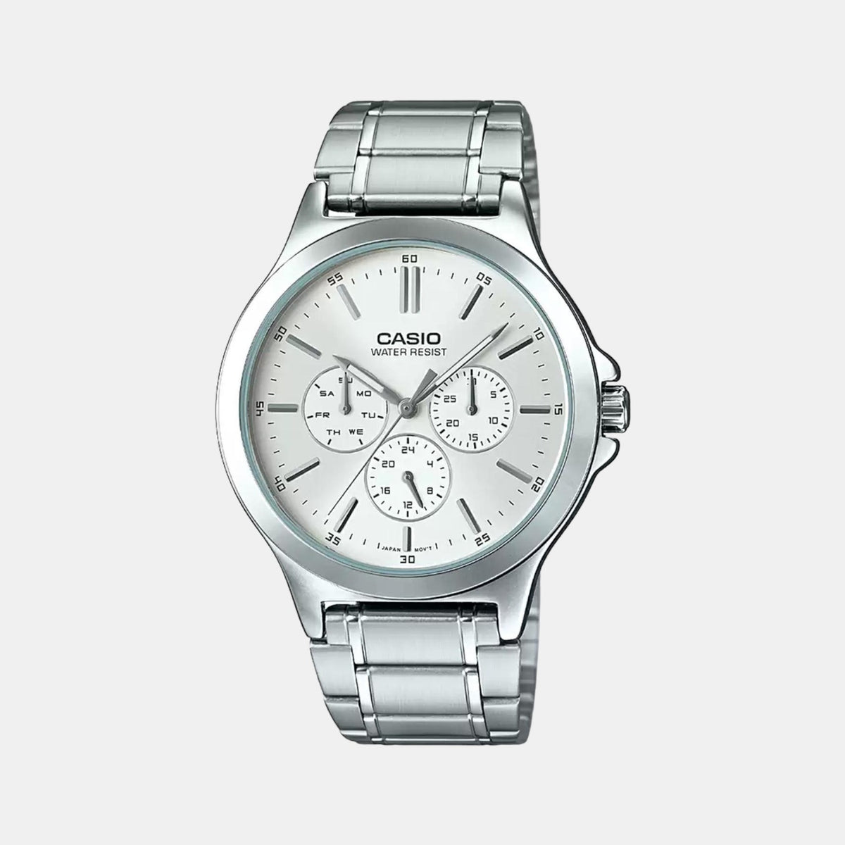 Casio A1174 Enticer Men’s Analog Quartz Watch with White Multi-Function Dial & Stainless Steel Bracelet