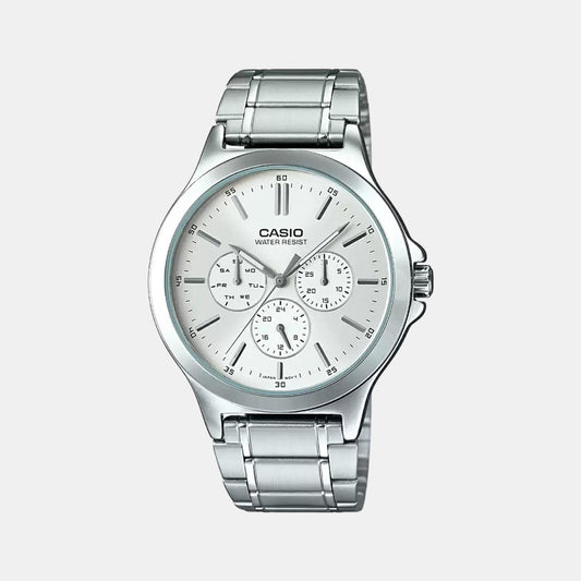 Casio A1174 Enticer Men’s Analog Quartz Watch with White Multi-Function Dial & Stainless Steel Bracelet
