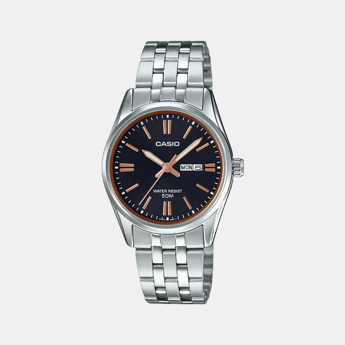 Casio A1504 Enticer Ladies’ Analog Quartz Watch with Black Dial & Silver Stainless Steel Bracelet