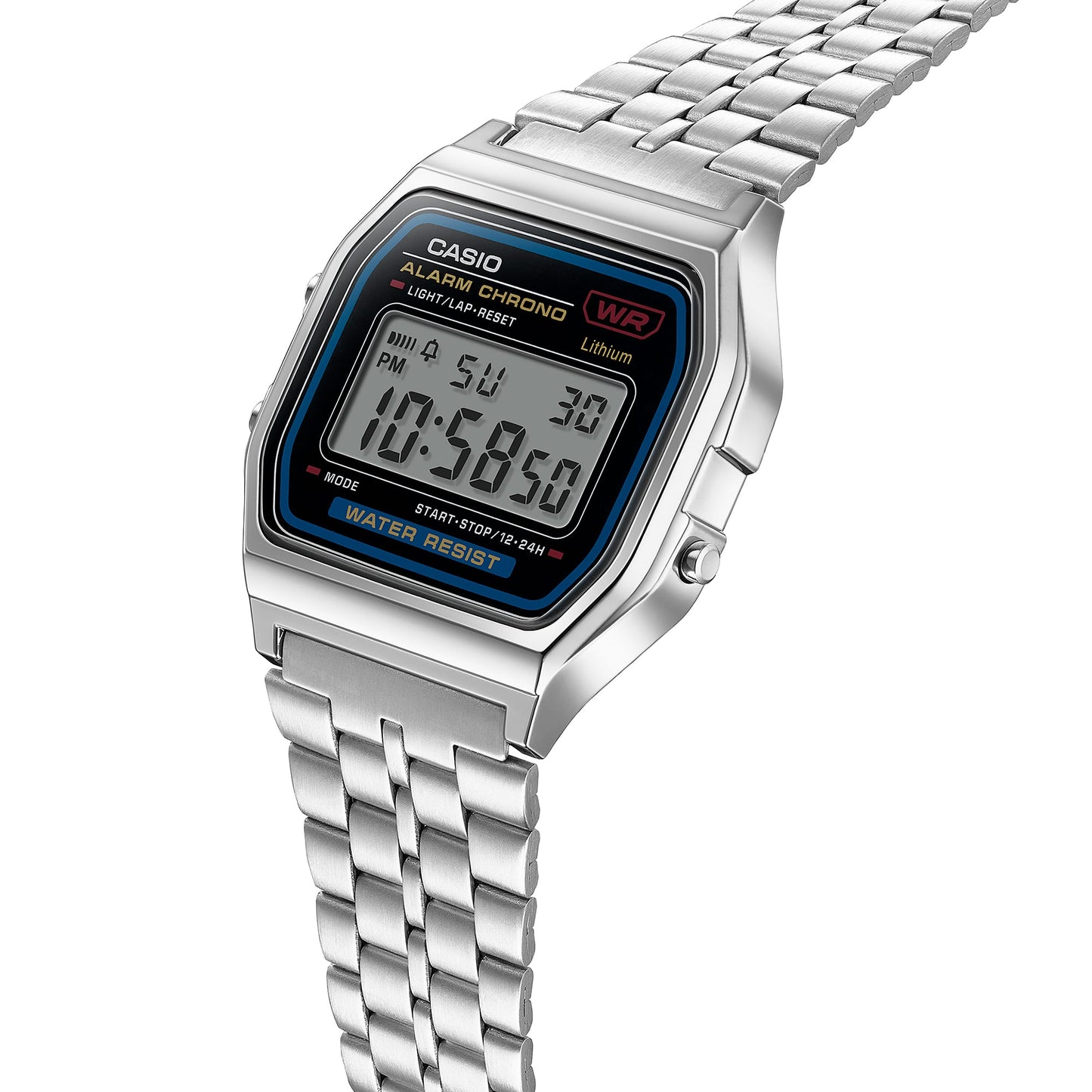 Casio D338 Vintage Unisex Quartz Digital Watch with Black LCD, Silver Stainless Steel Strap