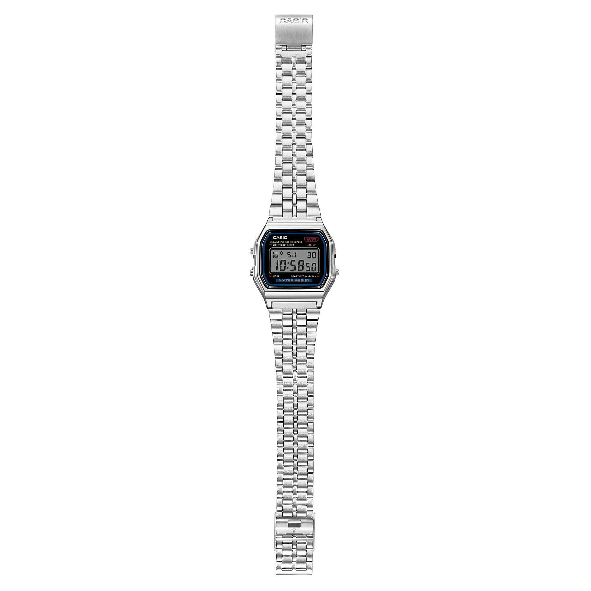Casio D338 Vintage Unisex Quartz Digital Watch with Black LCD, Silver Stainless Steel Strap