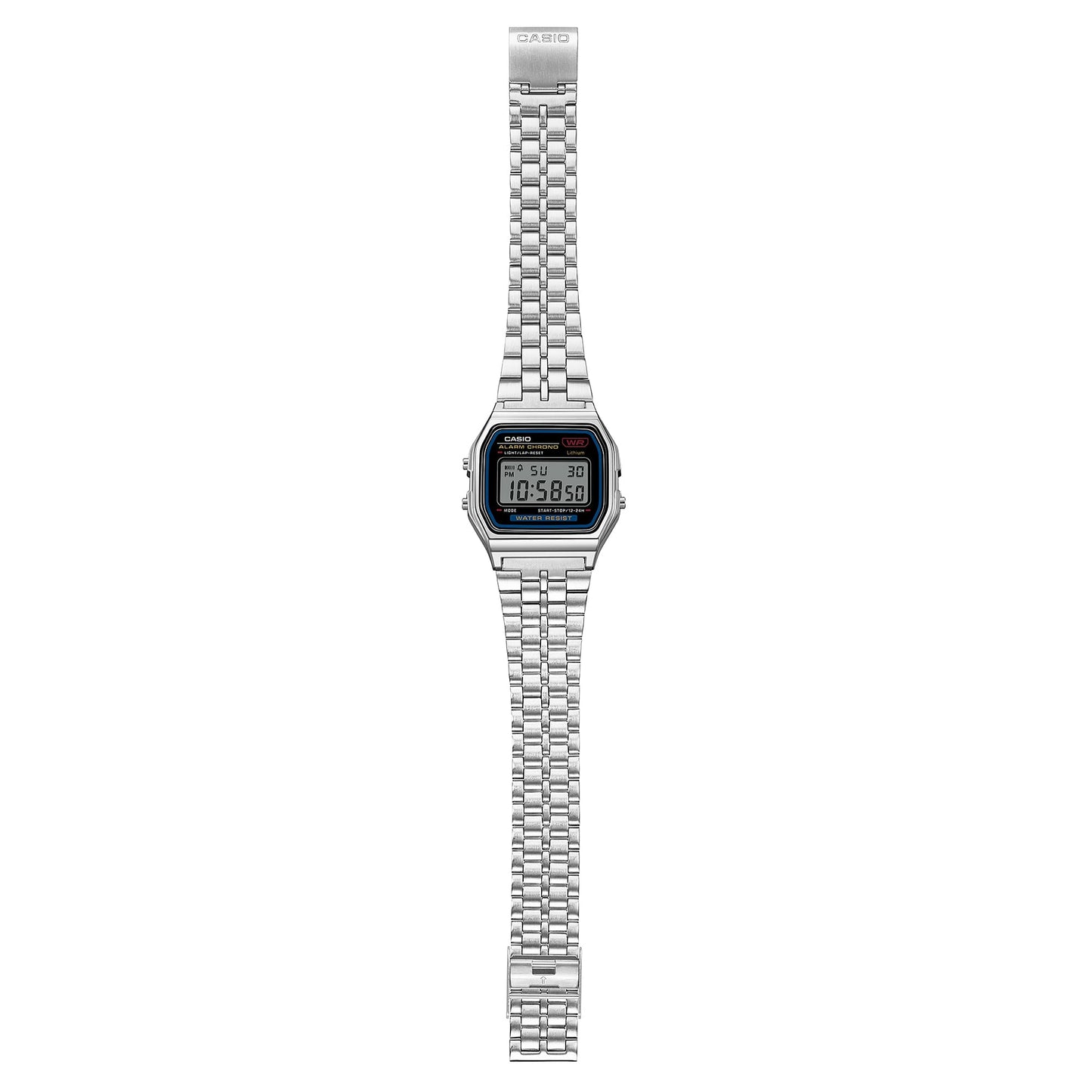 Casio D338 Vintage Unisex Quartz Digital Watch with Black LCD, Silver Stainless Steel Strap