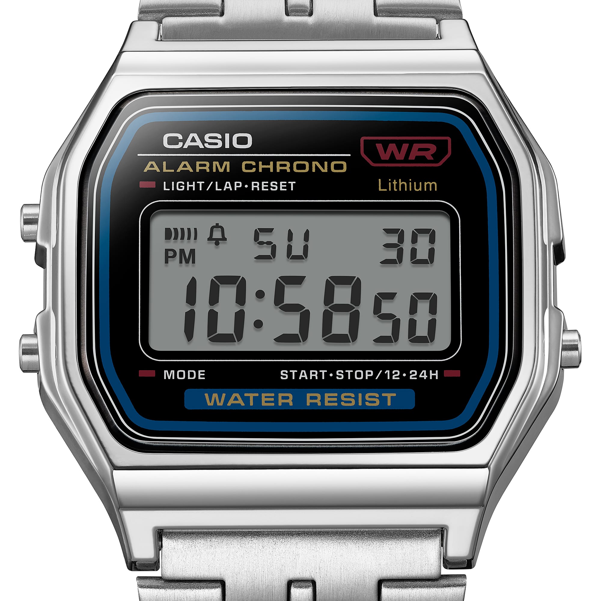 Casio D338 Vintage Unisex Quartz Digital Watch with Black LCD, Silver Stainless Steel Strap