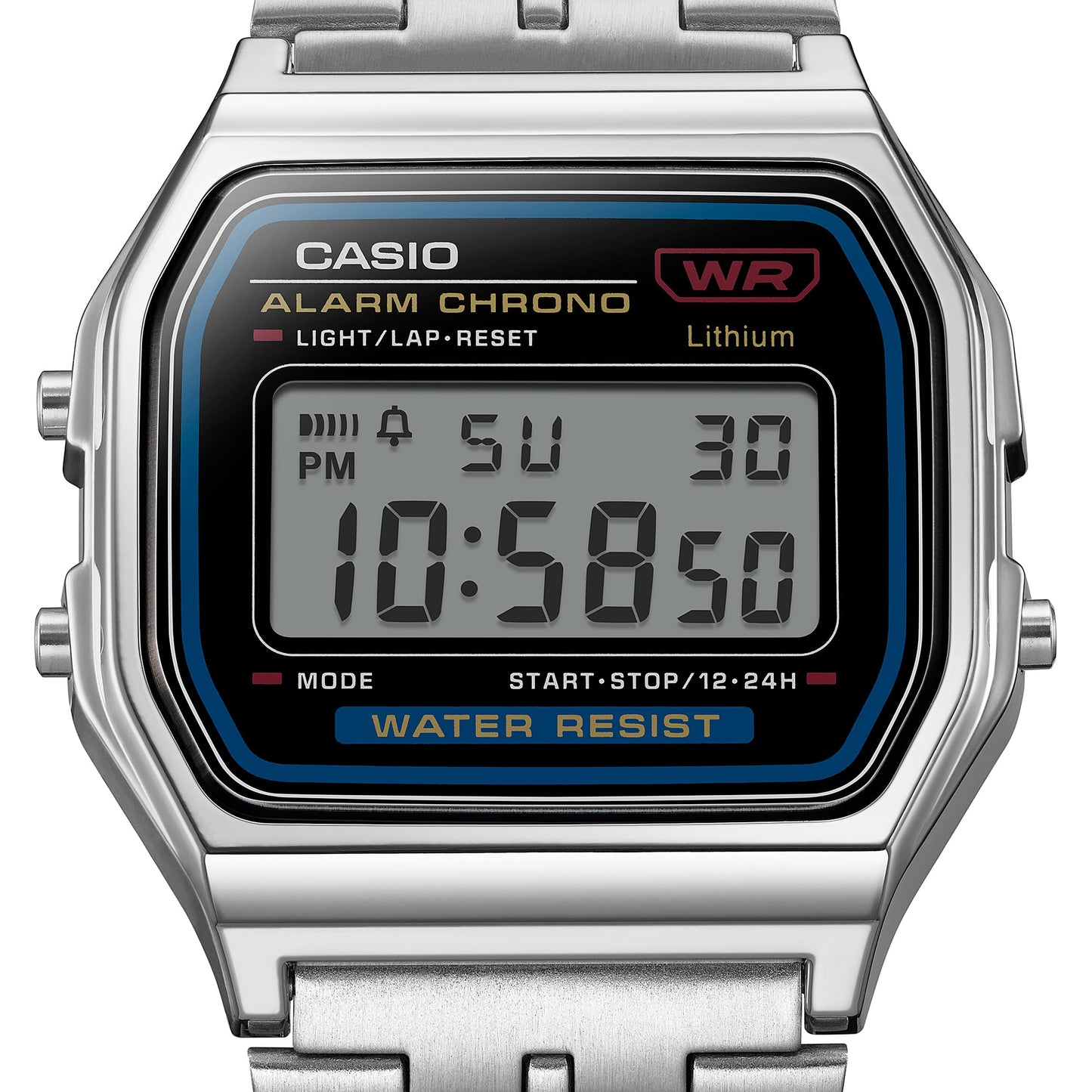 Casio D338 Vintage Unisex Quartz Digital Watch with Black LCD, Silver Stainless Steel Strap