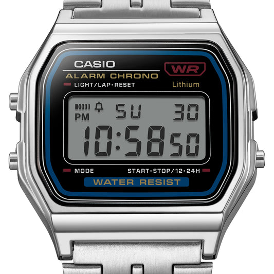 Casio D339 Vintage Unisex Quartz Digital Watch with Black LCD, Silver Stainless Steel Strap