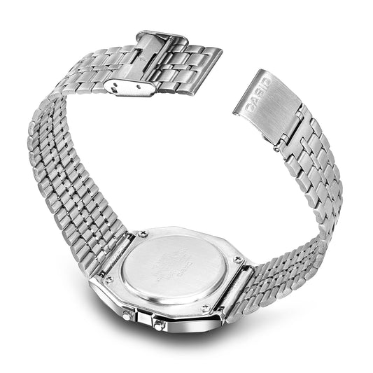 Casio D339 Vintage Unisex Quartz Digital Watch with Black LCD, Silver Stainless Steel Strap
