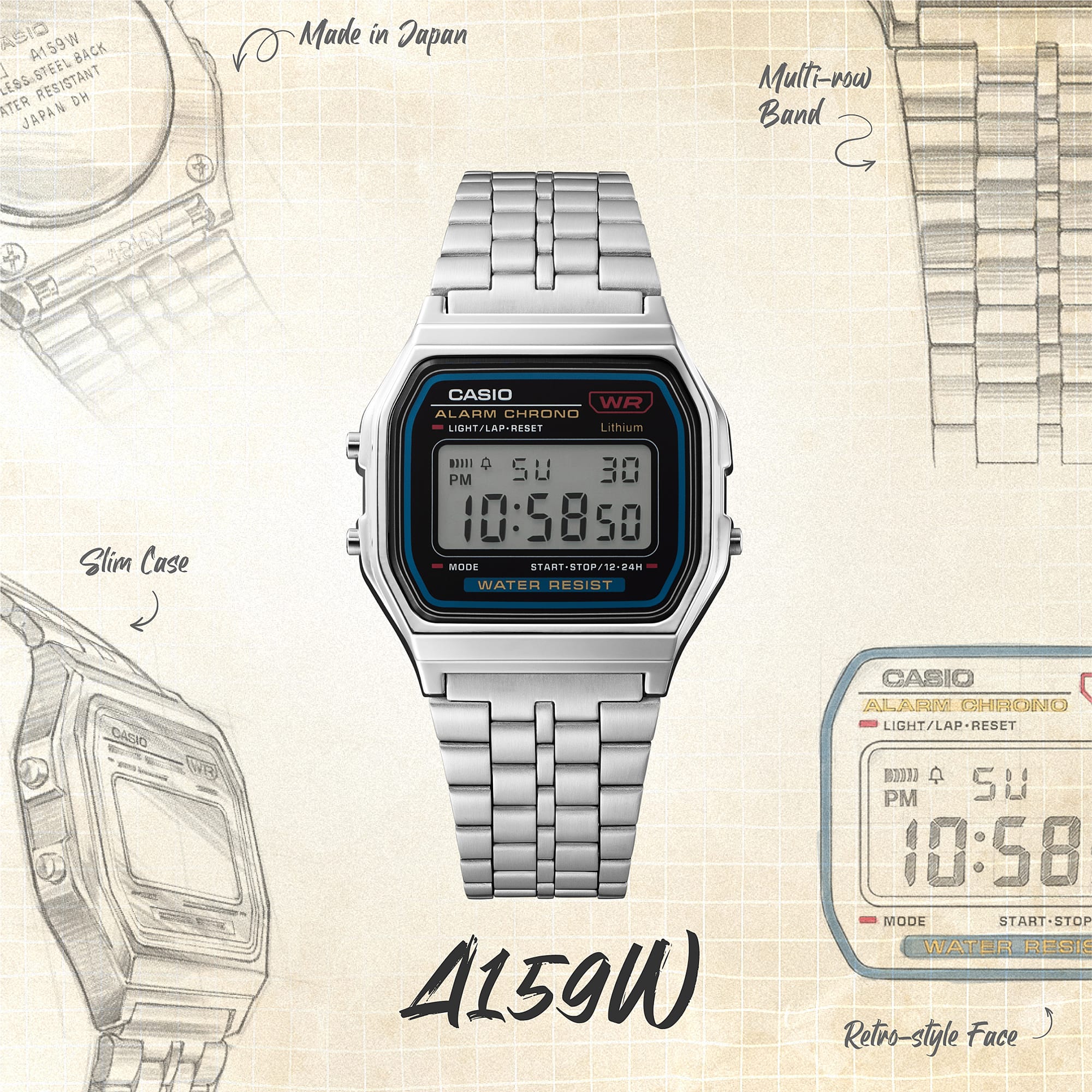 Casio D338 Vintage Unisex Quartz Digital Watch with Black LCD, Silver Stainless Steel Strap
