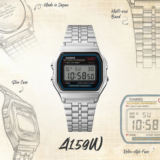 Casio D338 Vintage Unisex Quartz Digital Watch with Black LCD, Silver Stainless Steel Strap