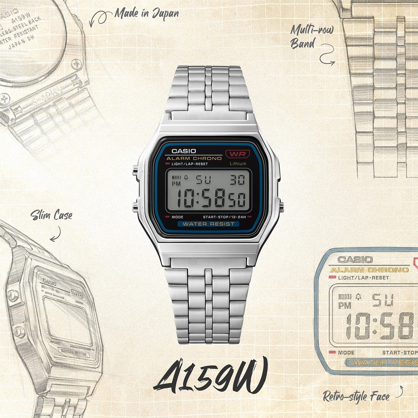 Casio D338 Vintage Unisex Quartz Digital Watch with Black LCD, Silver Stainless Steel Strap