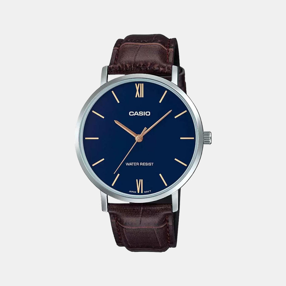Casio A1616 Enticer Men’s Quartz Analog Watch with Blue Dial, Brown Leather Strap