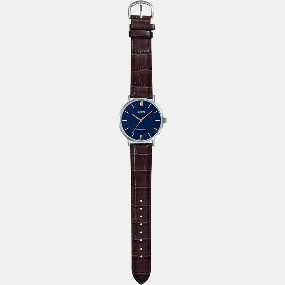 Casio A1616 Enticer Men’s Quartz Analog Watch with Blue Dial, Brown Leather Strap