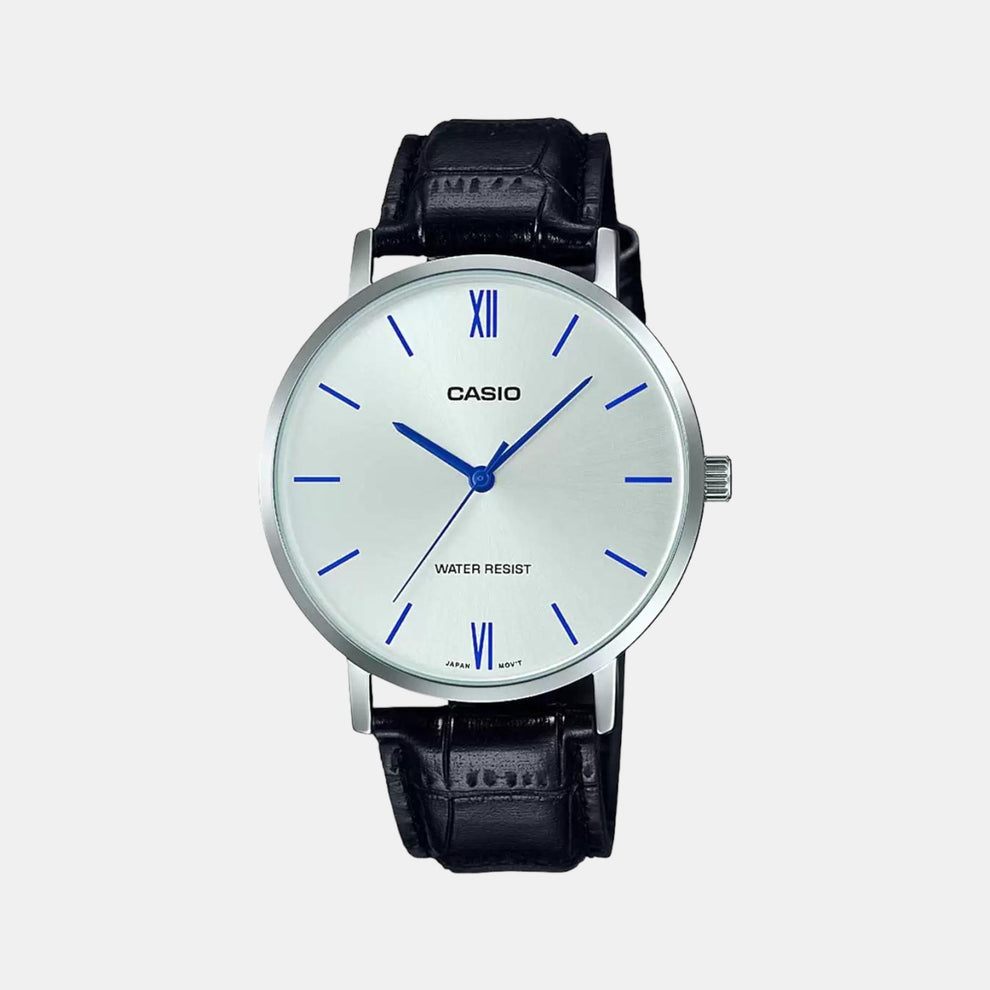 Casio A1617 Enticer Men’s Quartz Analog Watch with Silver Dial, Black Leather Strap