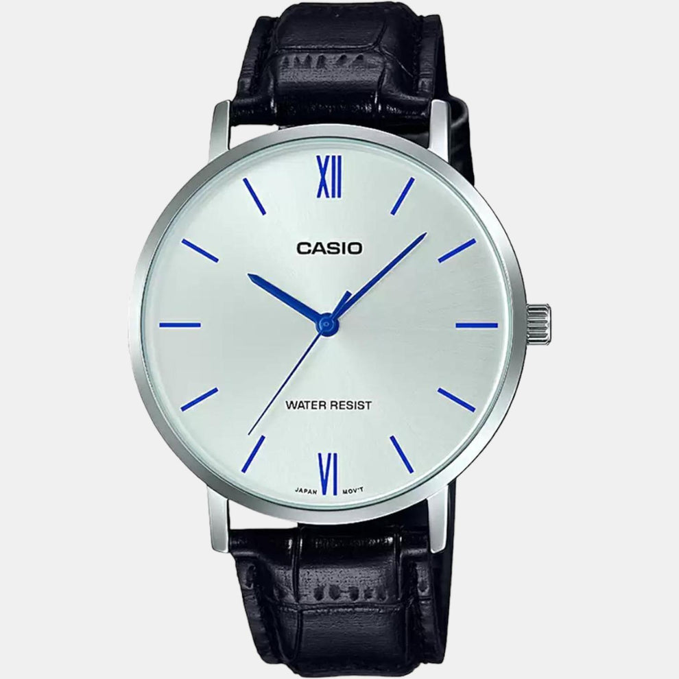 Casio A1617 Enticer Men’s Quartz Analog Watch with Silver Dial, Black Leather Strap