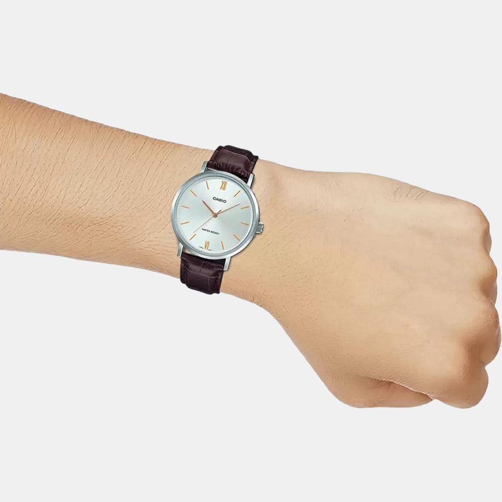 Casio A1618 Enticer Men’s Quartz Analog Watch with Silver Dial, Brown Leather Strap