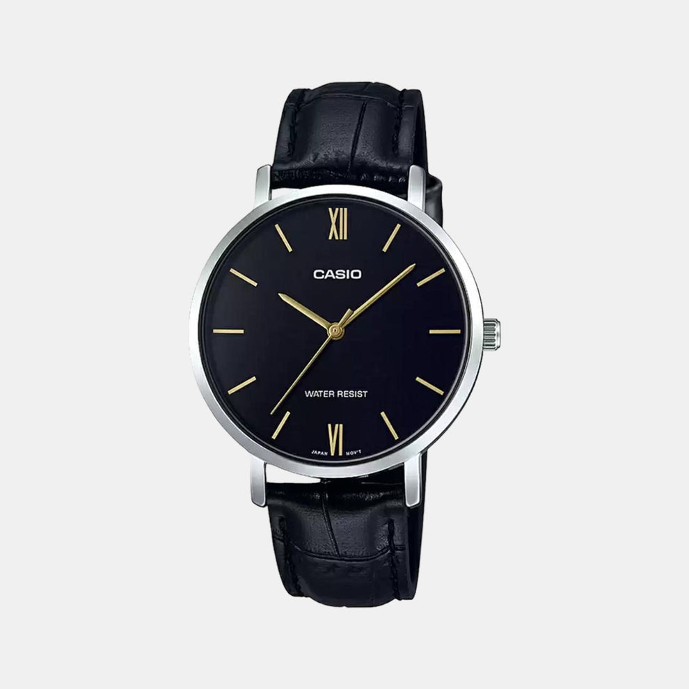 Casio A1626 Enticer Women’s Quartz Analog Watch with Black Dial, Black Leather Strap
