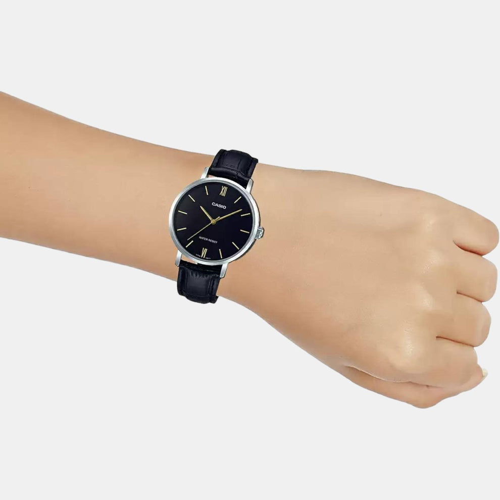 Casio A1626 Enticer Women’s Quartz Analog Watch with Black Dial, Black Leather Strap