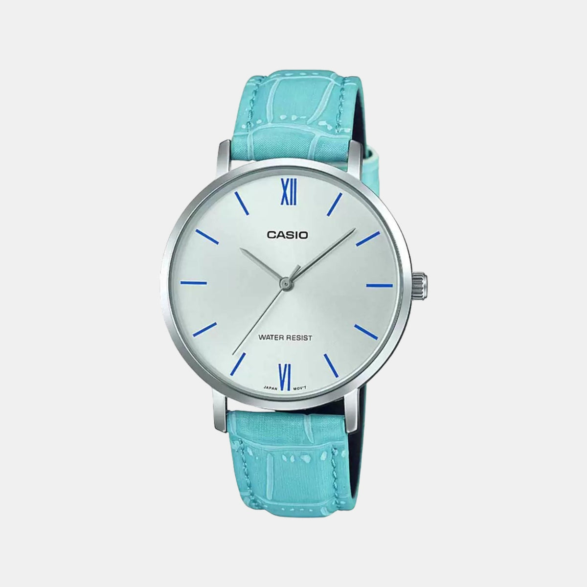 Casio A1631 Enticer Ladies’ Analog Quartz Watch with Silver Dial & Blue Leather Strap