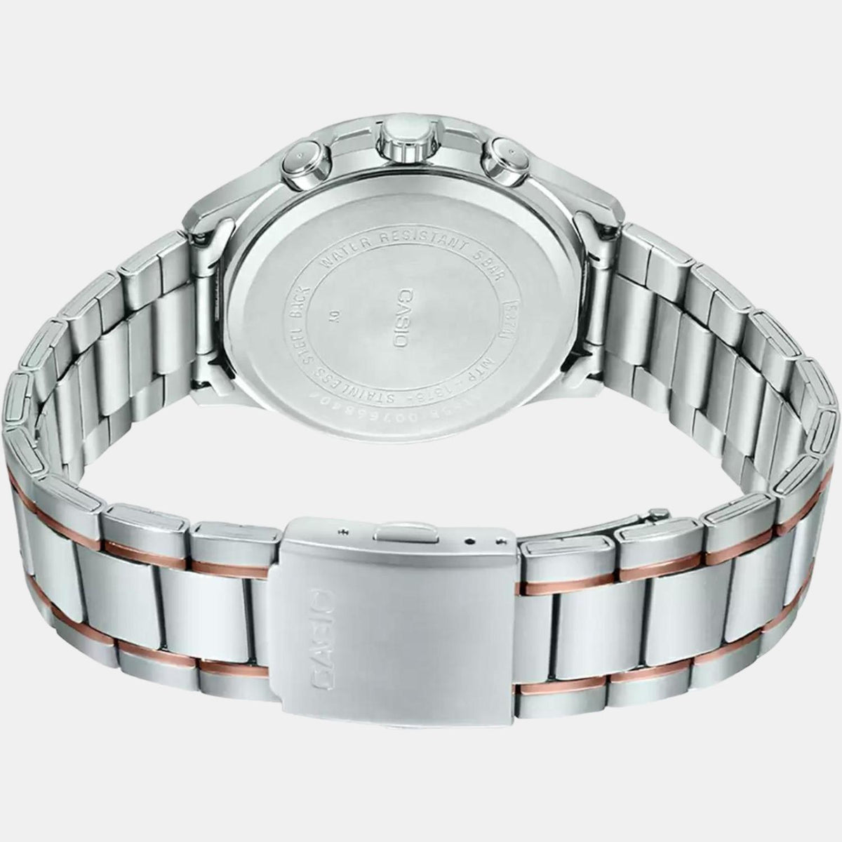 Casio A1658 Enticer Men’s Analog Quartz Watch with Black Dial, Rose-Gold Accents & Silver Stainless Steel Bracelet