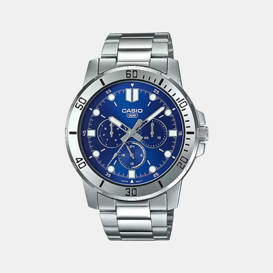 Casio A1749 Enticer Men’s Quartz Analog Watch with Blue Multi-Dial, Silver Stainless Steel Strap