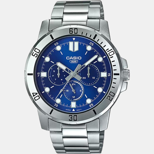 Casio A1749 Enticer Men’s Quartz Analog Watch with Blue Multi-Dial, Silver Stainless Steel Strap