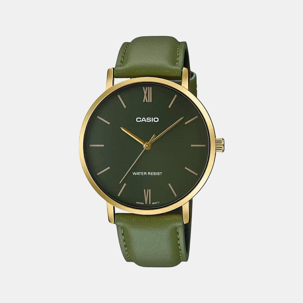 Casio A1782 Enticer Men’s Quartz Analog Watch with Green Dial, Gold Tone Case & Brown Leather Strap