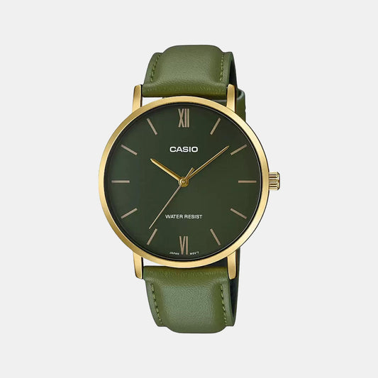 Casio A1782 Enticer Men’s Quartz Analog Watch with Green Dial, Gold Tone Case & Brown Leather Strap