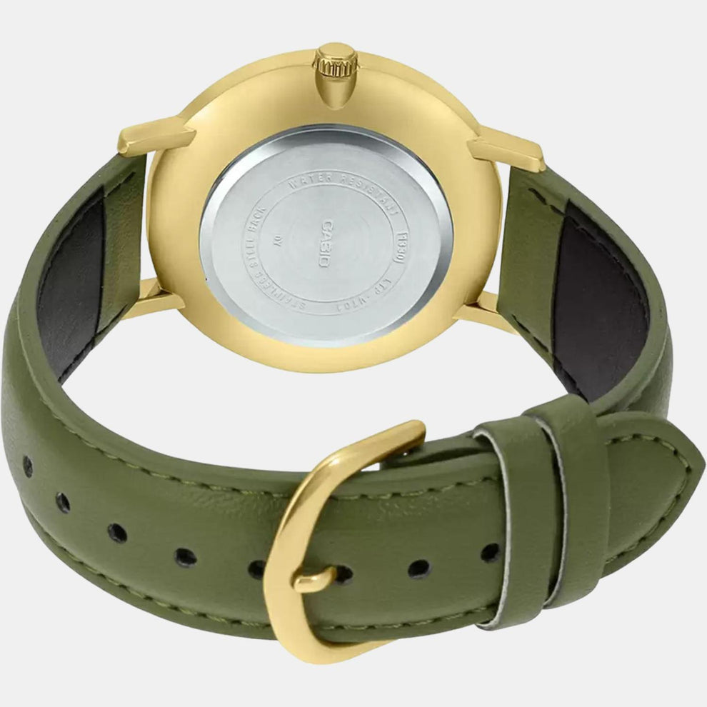 Casio A1782 Enticer Men’s Quartz Analog Watch with Green Dial, Gold Tone Case & Brown Leather Strap