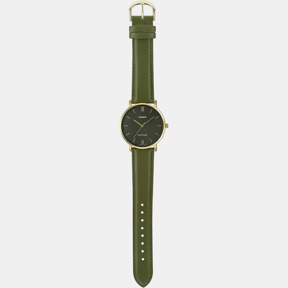 Casio A1782 Enticer Men’s Quartz Analog Watch with Green Dial, Gold Tone Case & Brown Leather Strap