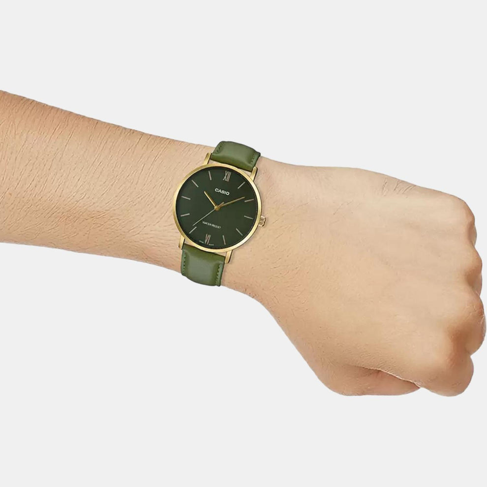 Casio A1782 Enticer Men’s Quartz Analog Watch with Green Dial, Gold Tone Case & Brown Leather Strap