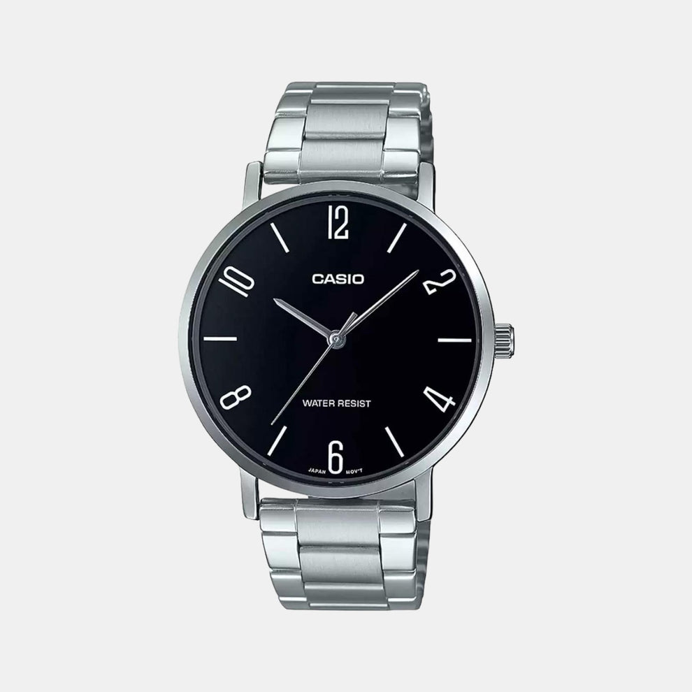 Casio A1815 Enticer Men’s Quartz Analog Watch with Black Dial, Silver Stainless Steel Strap