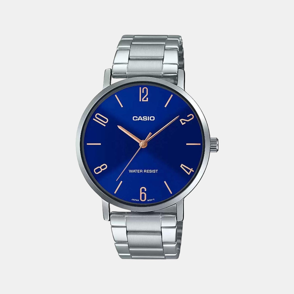 Casio A1816 Enticer Men’s Quartz Analog Watch with Blue Dial, Silver Stainless Steel Strap
