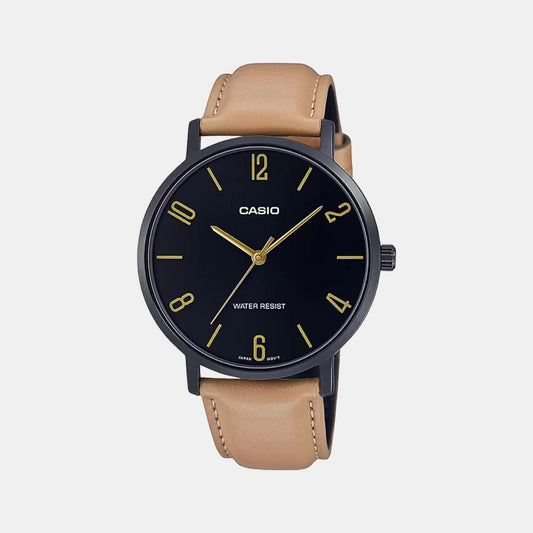 Casio A1976 Enticer Men’s Analog Quartz Watch with Black Dial & Beige Leather Strap