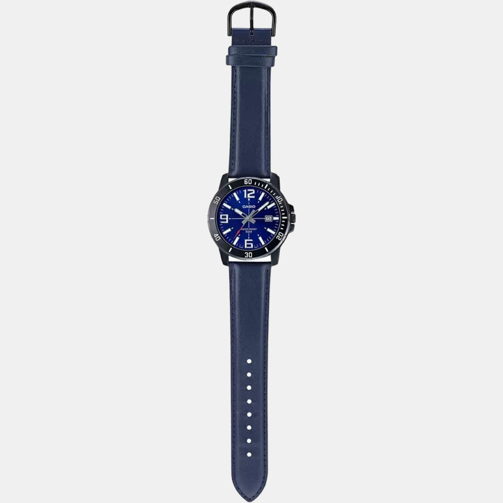 Casio A1982 Enticer Men’s Quartz Analog Watch with Blue Dial, Blue Leather Strap
