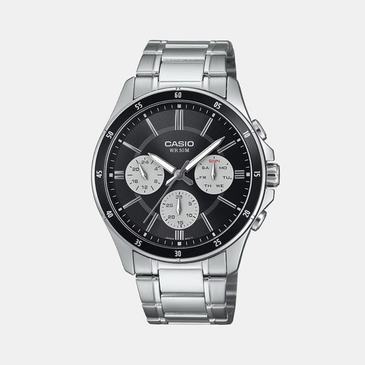 Casio A2345 Men’s Quartz Analog Watch with Black & White Dial, Silver Stainless Steel Strap