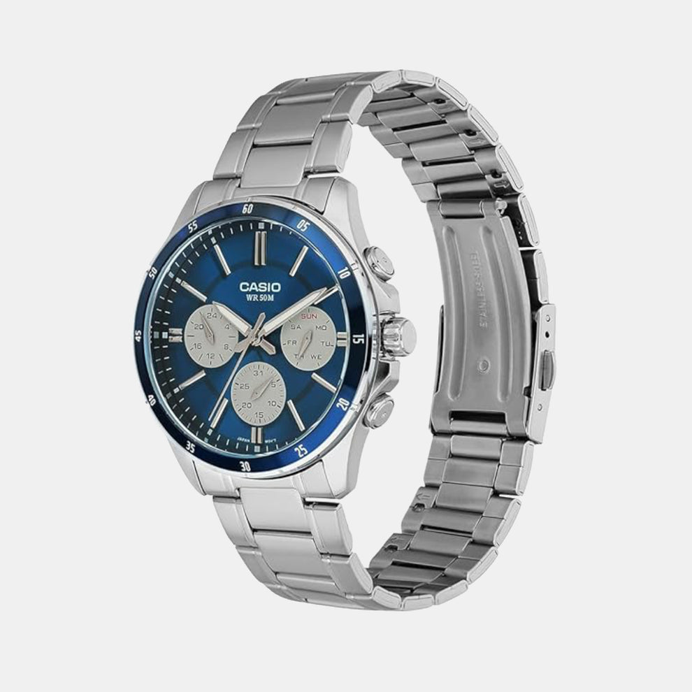 Casio A2346 Men’s Quartz Analog Watch with Blue Dial, Silver Stainless Steel Strap